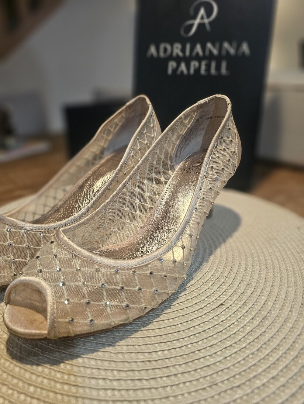 Adrianna Papell Jamie Pump Peep Toe Heels W Rhinestones Champagne Size 9.5 - Picture 5 of 10